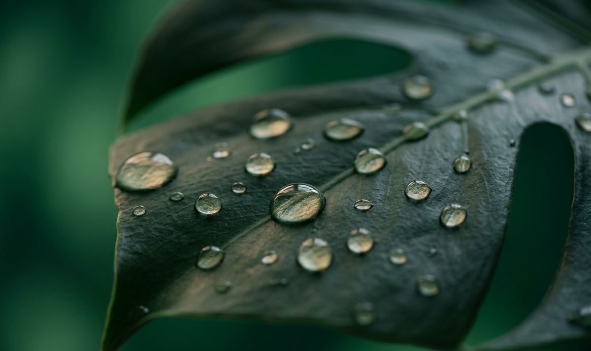 Gotas de água sobre folha verde